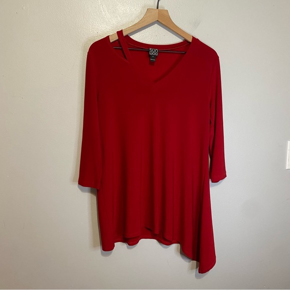 Clara Sun Woo Tops - Clara Sun Woo S Tunic Cut Out Red Top Asymmetrical Shirt Blouse Stretch